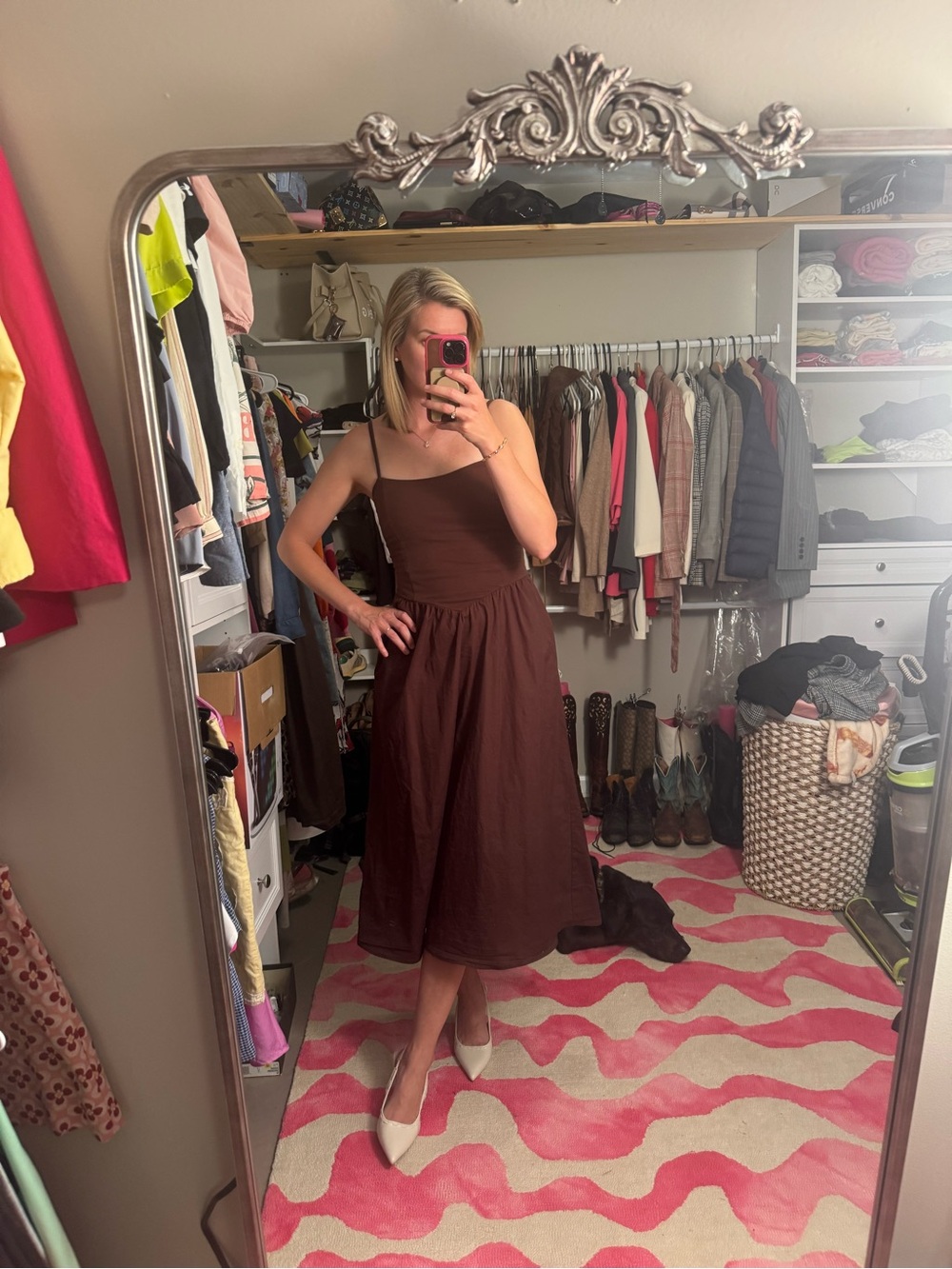 Sleeveless Brown Midi Dress with Slim Straps - Picture 4 of 8